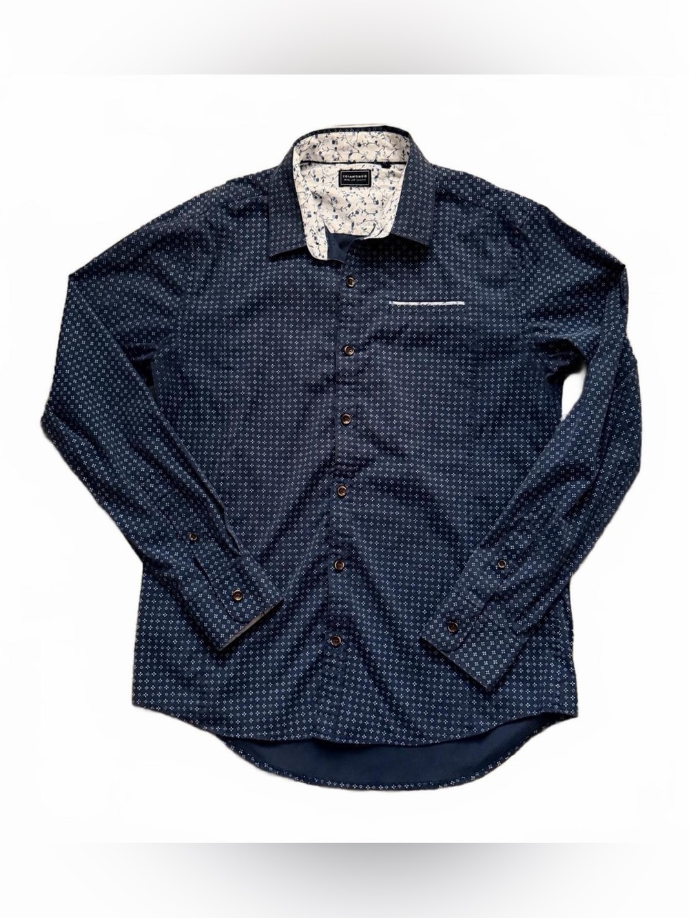 7 diamonds  Navy Micro-Pattern Dress Shirt with Contrast Collar
